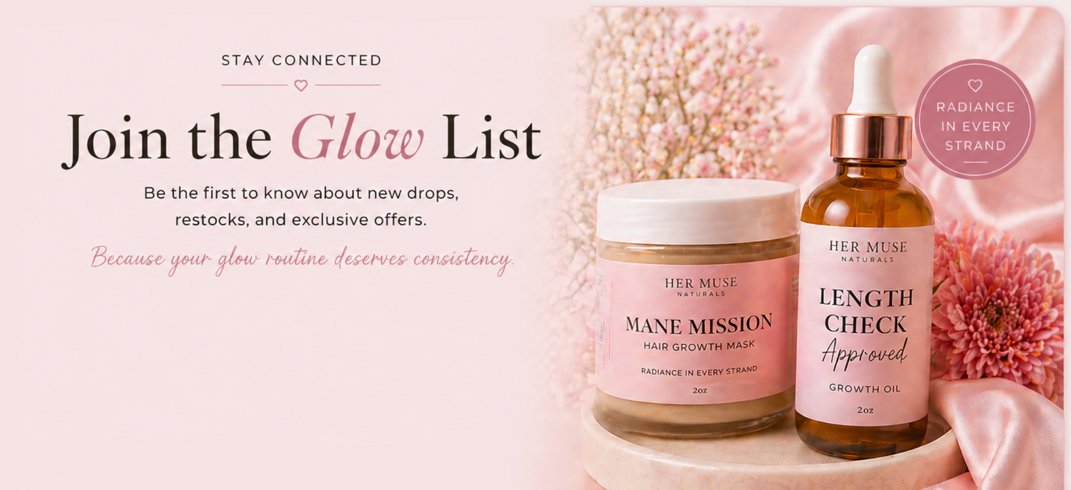 Her Muse skincare products with a pink background and text inviting viewers to join the Glow List.